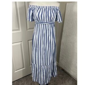 Isabel Maternity Women's XS Off Shoulder Maxi Dress Striped‎ Tie Waist Nautical